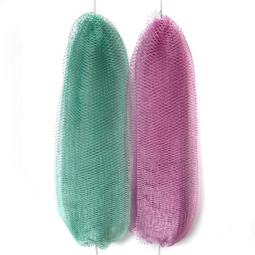 African Exfoliating Net Sponge 2 Pieces – Authentic Double-Knotted Mesh, Quick-Drying Bath Scrubber for Deep Cleansing, 45 inches Stretch Back Scrubber for Shower Women & Men (Seafoam+Lavender Pink)