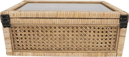 Creative Co-Op Woven Rattan and Wood Display Boxes - Modern Decorative Set of 2 with Glass Top, Natural Finish