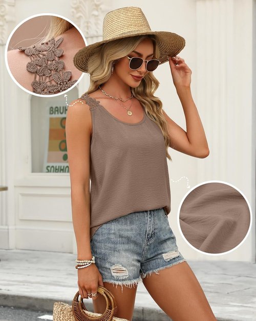OFEEFAN Women's Tank Top - Loose Fit Crew Neck Sleeveless Camisole with Lace Detail | Summer Curved Hem