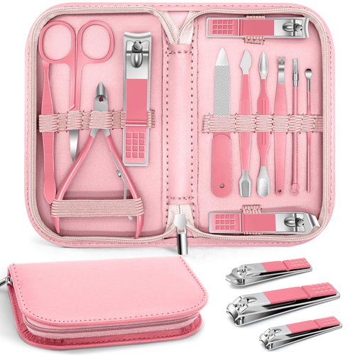 BLESWIN Manicure Pedicure Set, 12 Pcs Nail Care Kit for Women, Mens Nail Grooming Kit, Manicure & Pedicure Tools & Accessories, Pink Nail Kit Manicure Set Luxury Leather Case for Home Salon Use