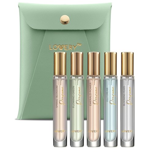 LOVERY Perfume Set - 5 Mini Travel-Sized Fragrances for Him & Her with Leather Pouch | 10ml Sampler Gift Set