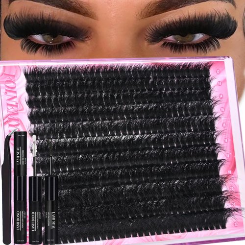 Lash Clusters Kit 330Pcs 200D Thick Lash Extension Kit Mega Volume Eyelash Extensions Kit 12-22MM Long Eyelash Extensions D Curly Individual Lashes Kit DIY at Home by FOINEMYED
