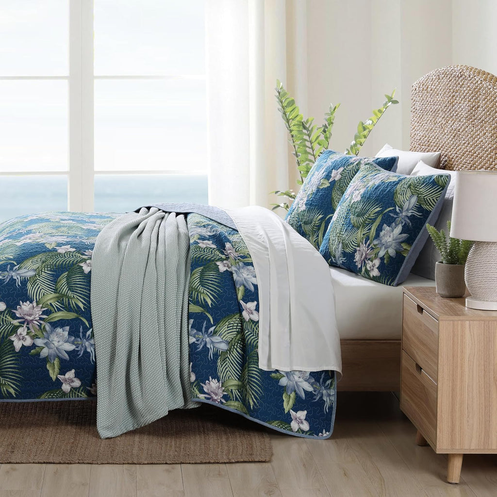 Tommy Bahama King Quilt Set - Reversible Cotton Bedding with Matching Shams | Oeko-Tex Certified, Southern Breeze Dark Blue