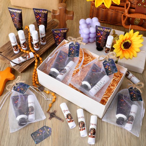Swiffen 24 Sets Christian Hand Cream and Lip Balm Gift Set Christian Gift for Women Travel Size Hand Lotion Bible Verse Lip Balm Bulk for Baby Bridal Shower Mom Mothers Day Gifts(African American)