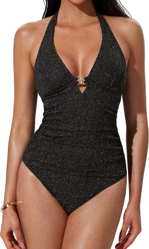 SUUKSESS Women's Sexy Halter Tankini - Tummy Control High Waisted Backless Swimsuit