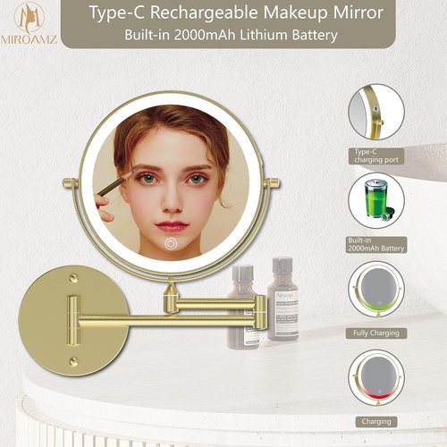 MIROAMZ Rechargeable Wall Mounted Lighted Makeup Vanity Mirror 9 Inch Double Sided 1X 10X Magnifying Bathroom Mirror, 3 Color Lighting, Touch Screen Dimming, 360 Rotation Shaving Mirror Gold