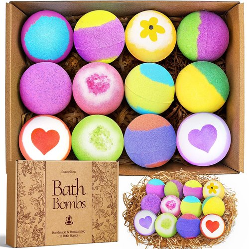 SeasonBliss Bath Bombs, 12 Pack Handmade Bubble Shower Bombs Set, Christmas Stocking Stuffers, Shea Butter & Individually Wrapped, Valentines Day Gifts for Her/Him, Wife, Mom Women
