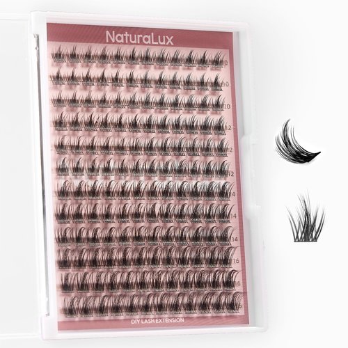 NATURALUX Hybrid Doll Wispy Mixed Lash NL04; 10mm, 12mm, 14mm, 16mm; 144 Total Count; False Eyelash Clusters, Individual Lashes, Lash Extensions, Lash Clusters, D Curl