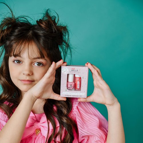 MISS NELLA Pink Secret Lips & Tips duo- Scented Lip Gloss + Glitter Nail Polish for Kids with Peel-off, Water Based & Odour Free Formula