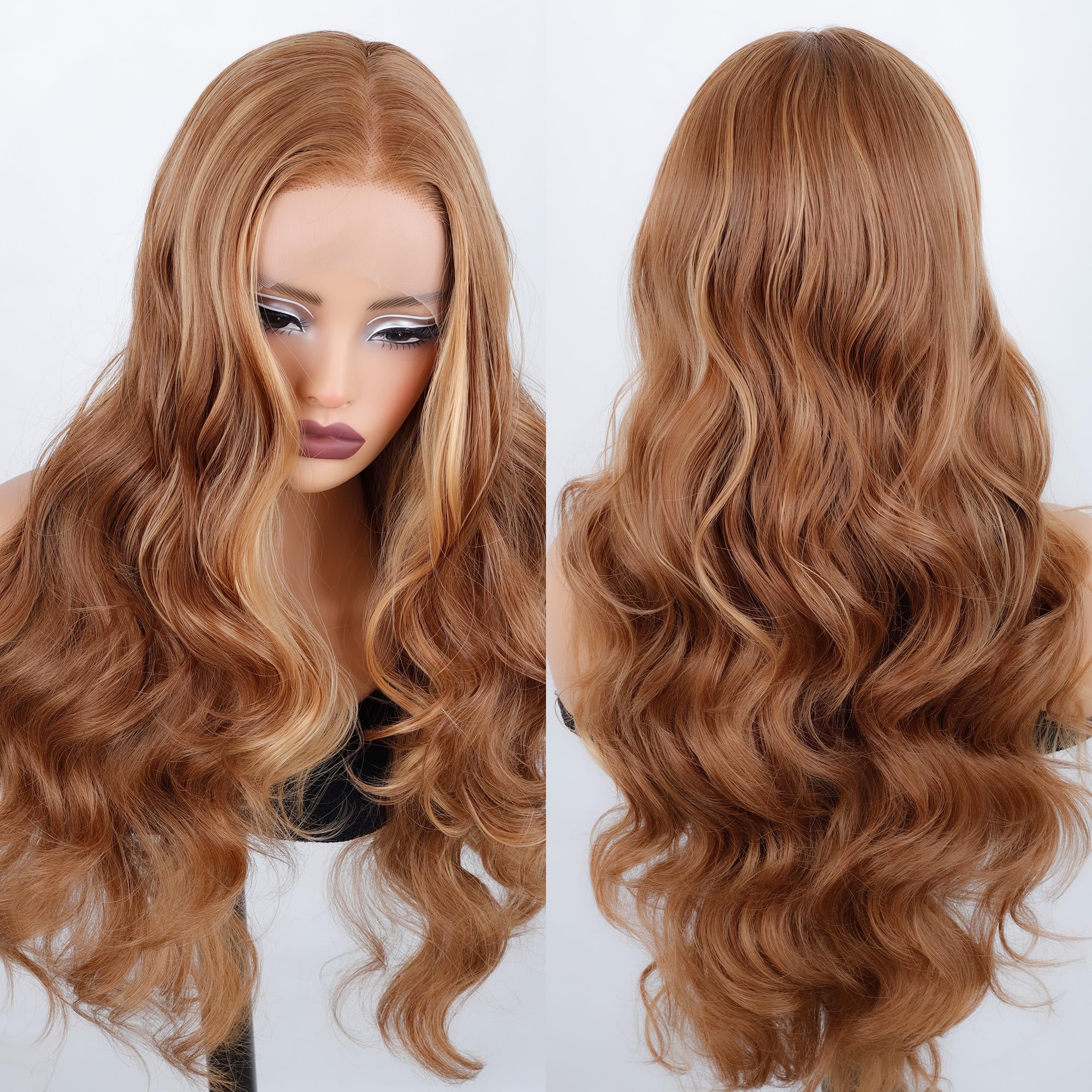 ZAVIDE Honey Blonde Lace Front Wig Body Wave Synthetic Wig Highlight Wigs For Women 180% Density Transparent Lace Frontal Wigs