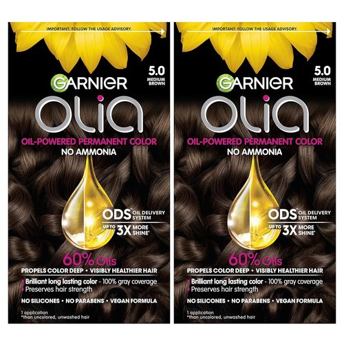 Garnier Olia Hair Color - Ammonia-Free Permanent Dye for 100% Gray Coverage | 5.0 Medium Brown, 2 Count
