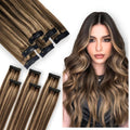 Single Clip In Hair Extensions Real Human Hair, Short Hair Extensions Clip Ins, Remy Balayage Highlight Seamless Hairpieces for Women 6 Pcs 14 Inch 36g Medium Brown Mixed Honey Blonde