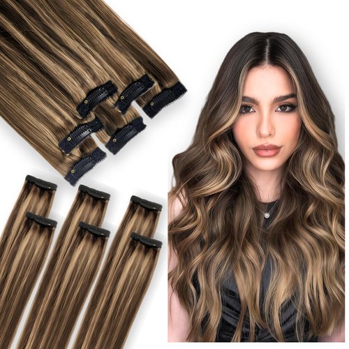 Single Clip In Hair Extensions Real Human Hair, Short Hair Extensions Clip Ins, Remy Balayage Highlight Seamless Hairpieces for Women 6 Pcs 14 Inch 36g Medium Brown Mixed Honey Blonde