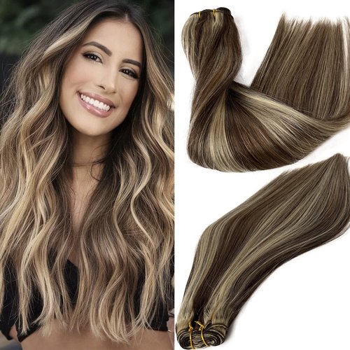 Smartinnov Ombre Blonde Hand Tied Weft Hair Extensions Brown with Blonde Highlights Human Hair Sew in Hair Extensions Silky Straight Double Weft 4/613 Blonde Balayage Bundles for Sew in 12 Inch 80G