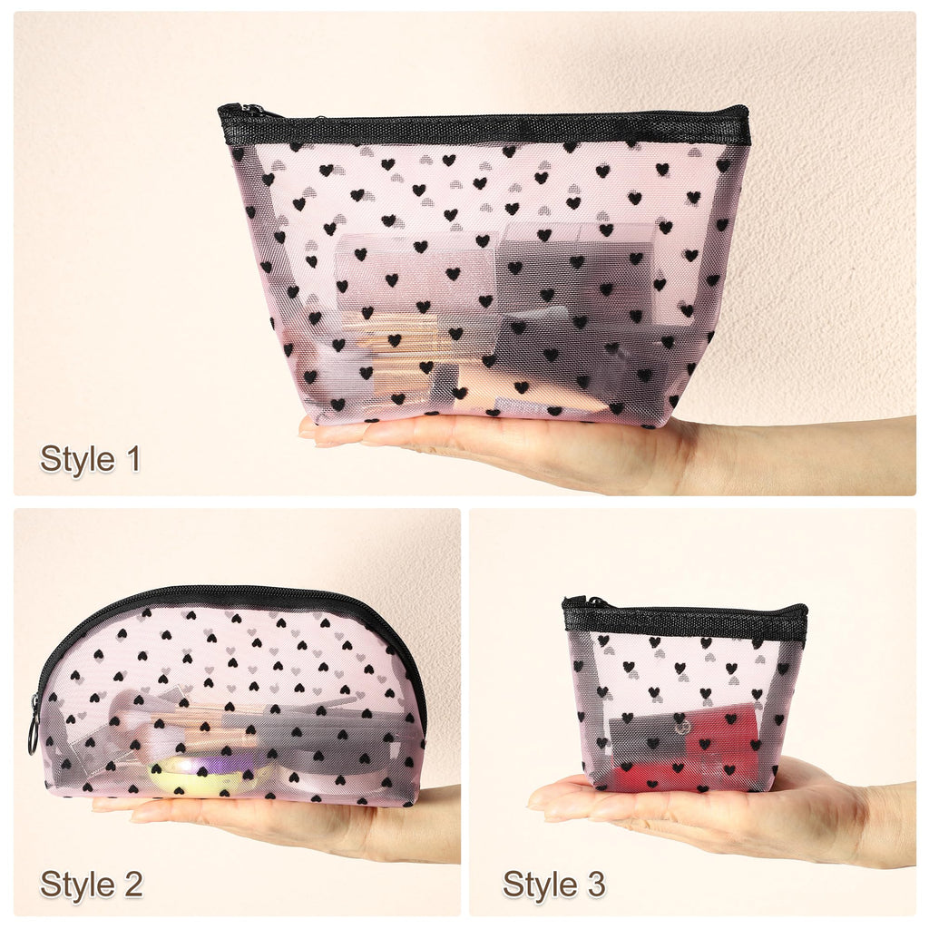 VOCOSTE 4pcs Heart Shape Print Mesh Makeup Bag, Makeup Bag Clear, Mesh Bags with Zipper, Clear Makeup Pouch Mesh Bags, Make Up Bags for Women, Pink
