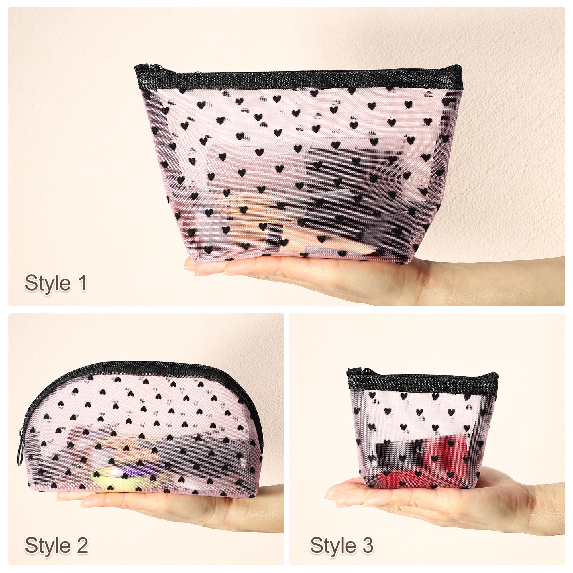 VOCOSTE 4pcs Heart Shape Print Mesh Makeup Bag, Makeup Bag Clear, Mesh Bags with Zipper, Clear Makeup Pouch Mesh Bags, Make Up Bags for Women, Pink