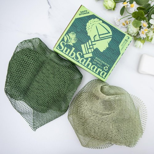 SubSahara Authentic African Net Sponge - 2 Pack Exfoliating Bath & Shower Loofah Sponge for Body & Face, Gentle Scrubber for All Skin Types, Travel, Durable (Olive Green & Light Green)