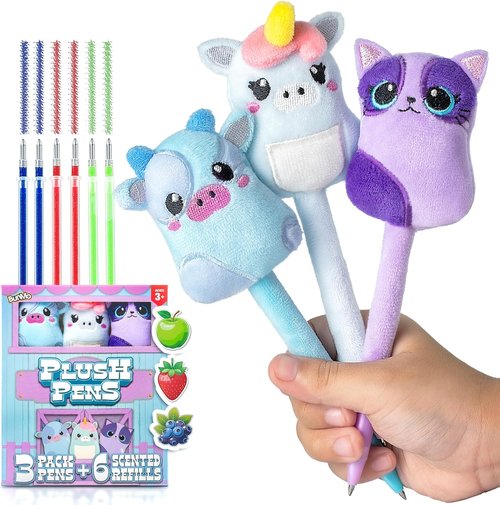 BUNMO Plush Cute Pens 3-Pack - Squishy Animal Designs with Scented Glitter Ink Refills | Cat, Cow, Unicorn
