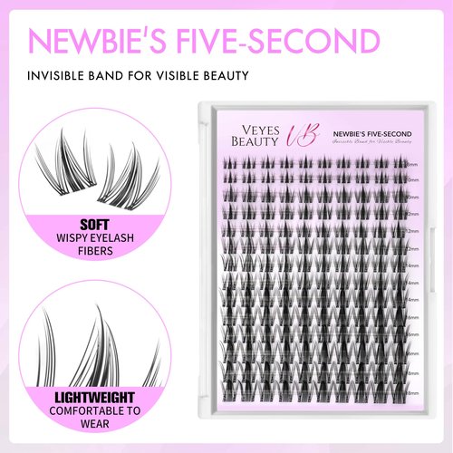 VEYESBEAUTY Manga Lash Clusters Eyelash Extensions Thin & Invisible Band DIY Individual False Eyelashes Newbie's Five-Second Series Wispy Lash Tray for Self-application, Lashes 8-18mm Mixed Length