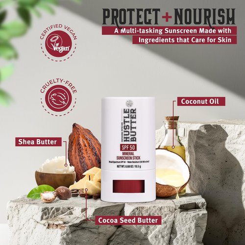 Hustle Butter Tattoo Aftercare Sunscreen Stick - Tattoo Sunscreen Stick, Fade Protection SPF 50, Hydrating with Shea Butter & Coconut Oil, TSA-Friendly, Water Resistant, Non-Greasy, 0.68 oz