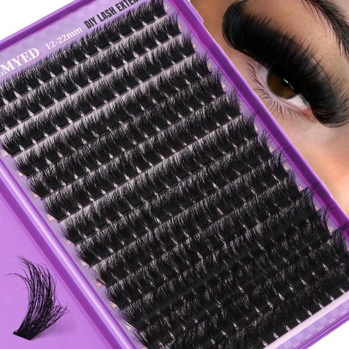 Thick Lash Clusters 180D Mega Volume Lash Extension 12-22mm Long Cluster Eyelashes Volume Individual Lashes D-Curly Faux Mink Eyelash Extension DIY Lash Extension for Beginners by FOINEMYED