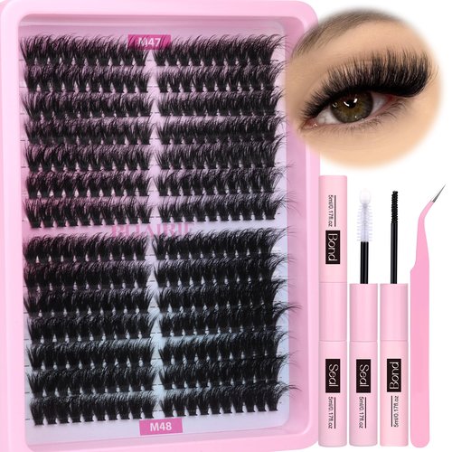 Lash Extension Kit Full Lash Clusters Kit 280pcs Volume Eyelash Extension Kit 100D/150D 2 Styles Eyelash Clusters Kit Bond and Seal Lash Glue with Tweezers Thick Individual Lashes Kit by Ruairie