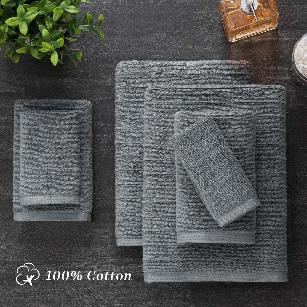 Welhome James 100% Cotton Textured Stripe Towels - 24 Pack Washcloths, Soft & Absorbent, Gray