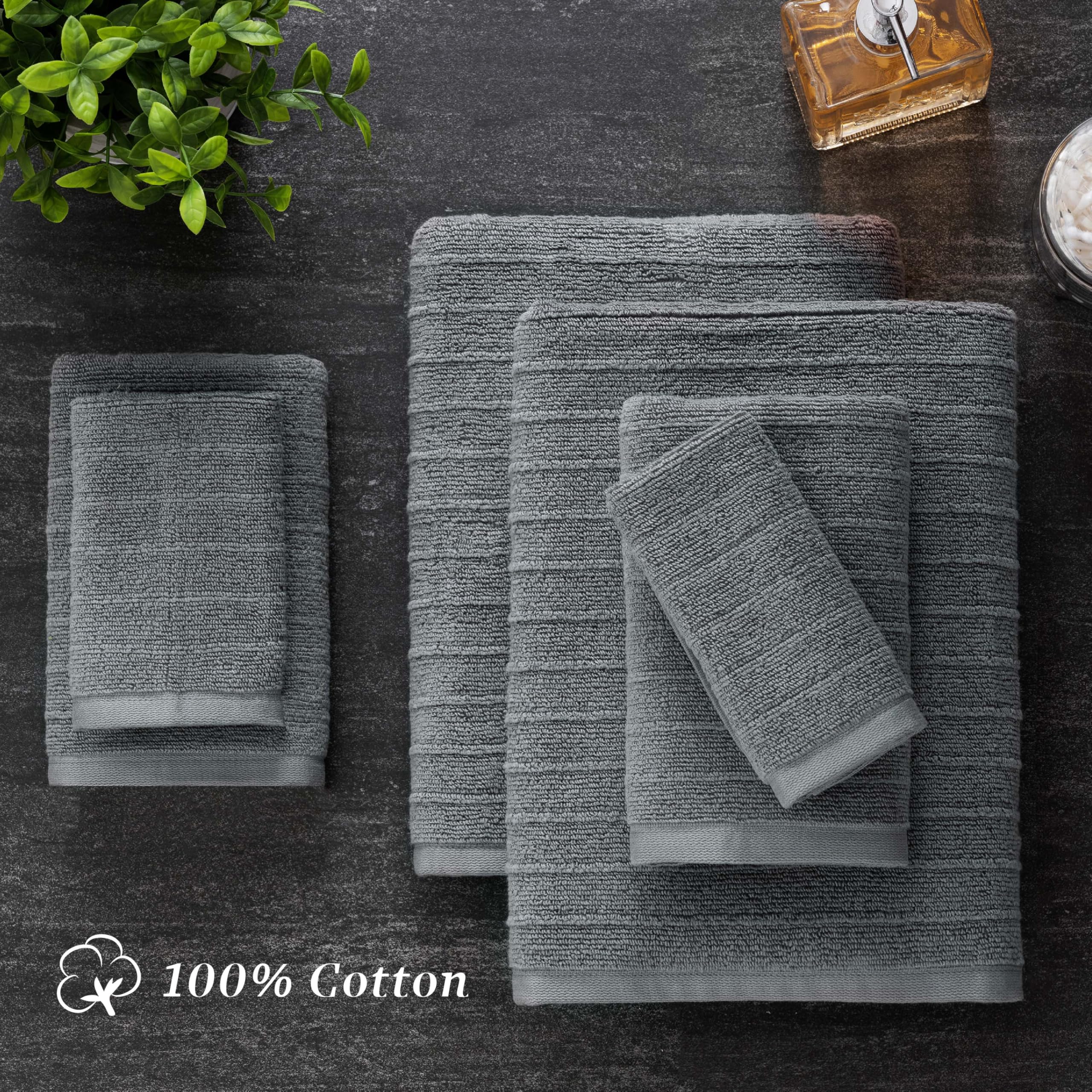 Welhome James 100% Cotton Textured Stripe Towels - 24 Pack Washcloths, Soft & Absorbent, Gray