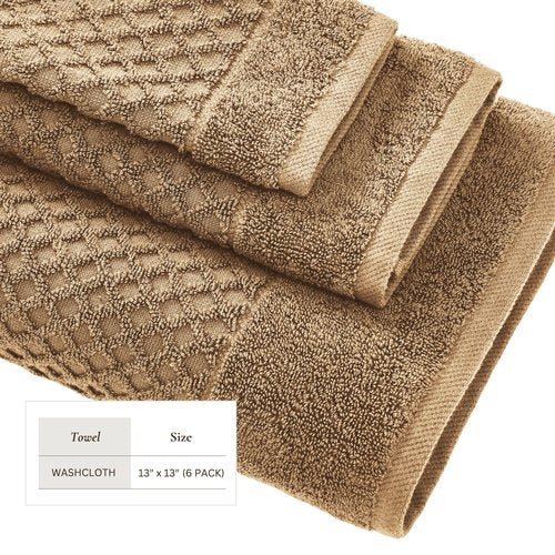 Great Bay Home Brown Washcloths - 100% Cotton 6 Pack 13x13 Washcloth Set - Absorbent, Durable, Quick-Dry Face Towels for Bathroom (Mocha)