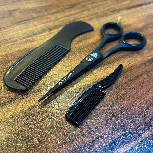 Professional 5’’Beard & Mustache Grooming Kit for Men – Precision Beard Scissors, Mustache Scissors, Moustache Comb, Beard Trimming Scissors, Mustache Care Set with Leather Case (Black)
