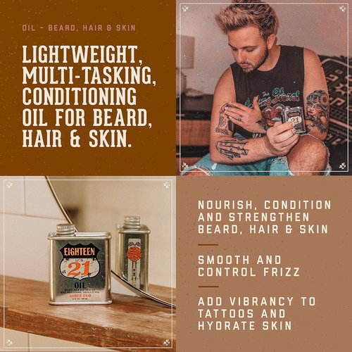18.21 Man Made Hair, Skin & Beard Oil - Non-Greasy Conditioning Balm with Castor, Jojoba & Argan Oils - 4 Scents Available