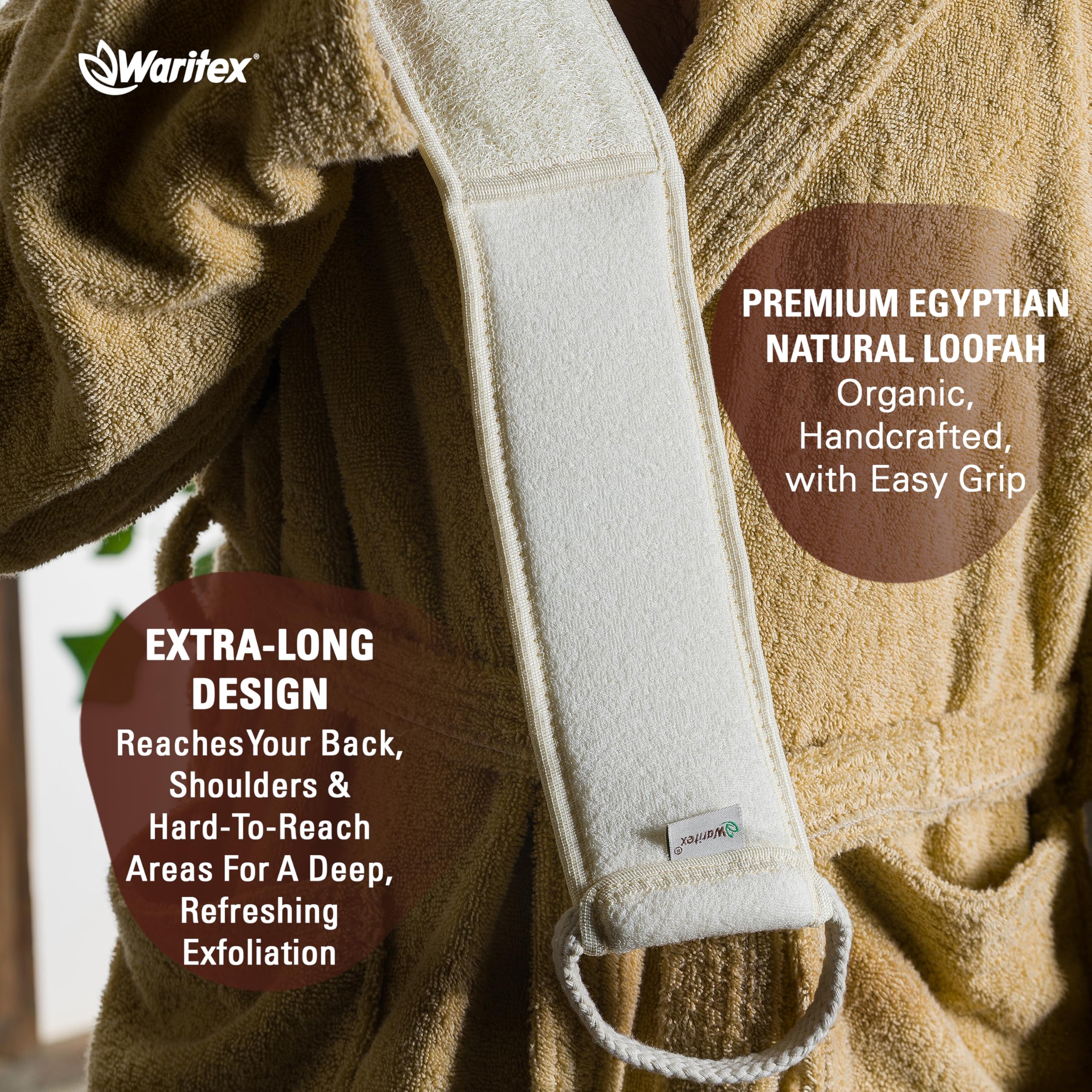 Waritex Natural Egyptian Loofah Back Scrubber for Shower, Extra-Long Exfoliating Strap Made with Natural Egyptian Loofah Fibers, Deep Cleaning Body Sponge for Men and Women – Soft Cotton Handles