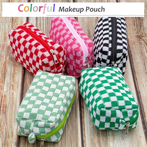 PAZIMIIK Checkered Makeup Bag - Portable Zipper Cosmetic Pouch for Travel | 6PCS Light Green