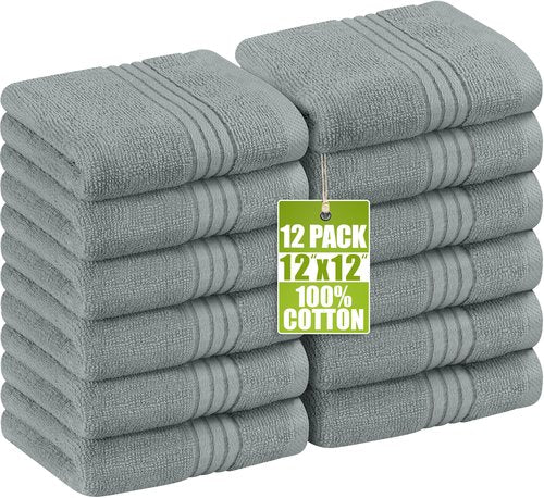 Utopia Towels 12 Pack Premium Wash Cloths Set, 12 by 12 Inches, 100% Cotton Ring Spun, Highly Absorbent and Soft Feel Washcloths for Bathroom, Spa, Gym, and Face, Cool Grey