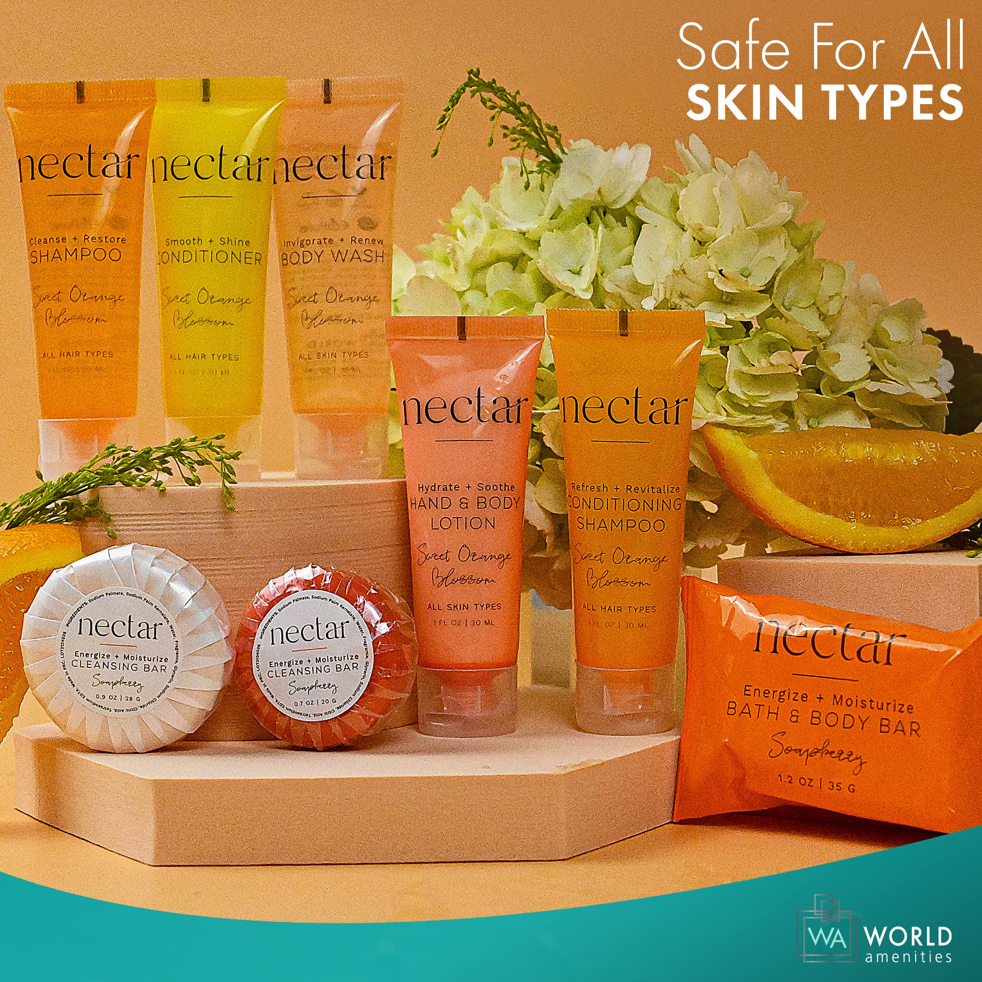World Amenities - Nectar Bulk 2-in-1 Conditioning Shampoo | 50 Count | Sweet Orange Blossom, Mini Travel Size Toiletries (100% Recyclable Tube with Flip Top Cap) Hotel Amenities, for All Hair Types