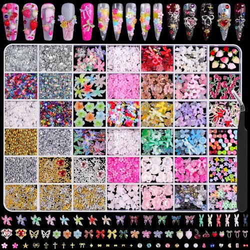 8000Pcs 3D Nail Charms and Nail Gems, Mixed Shapes and Colors Nail Charms Gold Silver Cross Star Caviar Beads Pearls Pink White Flowers Bows Charms with Tweezers for Nail Art Design Junk Case
