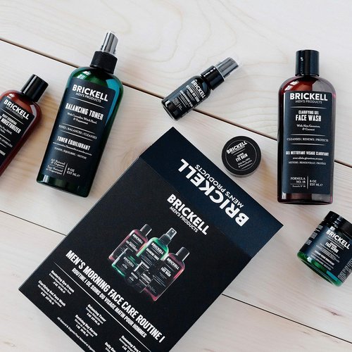 Brickell Men's Morning Face Care Routine - Natural & Organic Gel Wash, Toner, Scrub, Eye Cream, Serum & Moisturizer