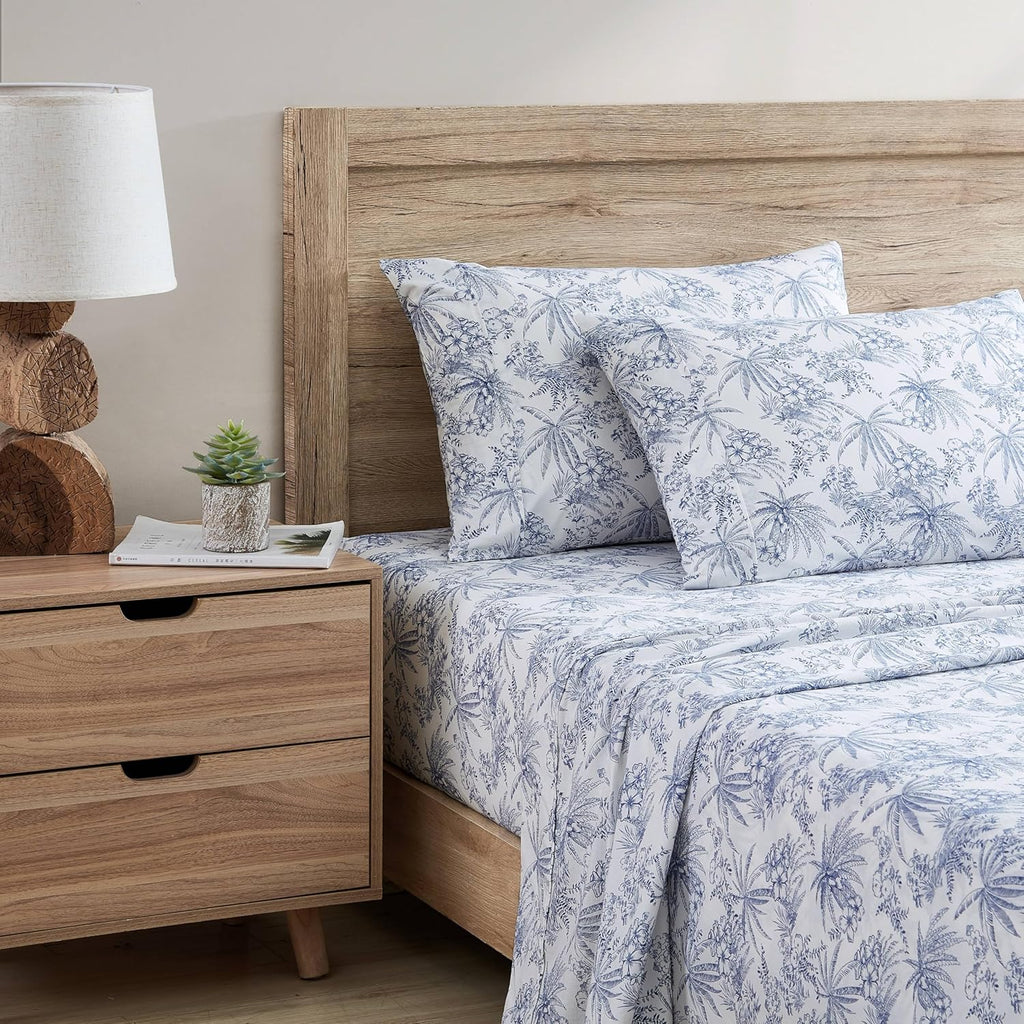 Tommy Bahama King Size Sheet Set - Crisp Cooling Cotton Percale with Matching Pillowcases & Fitted Sheet | Pen and Ink Palm Blue