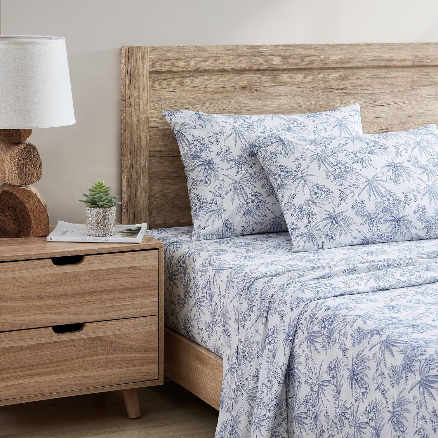 Tommy Bahama King Size Sheet Set - Crisp Cooling Cotton Percale with Matching Pillowcases & Fitted Sheet | Pen and Ink Palm Blue