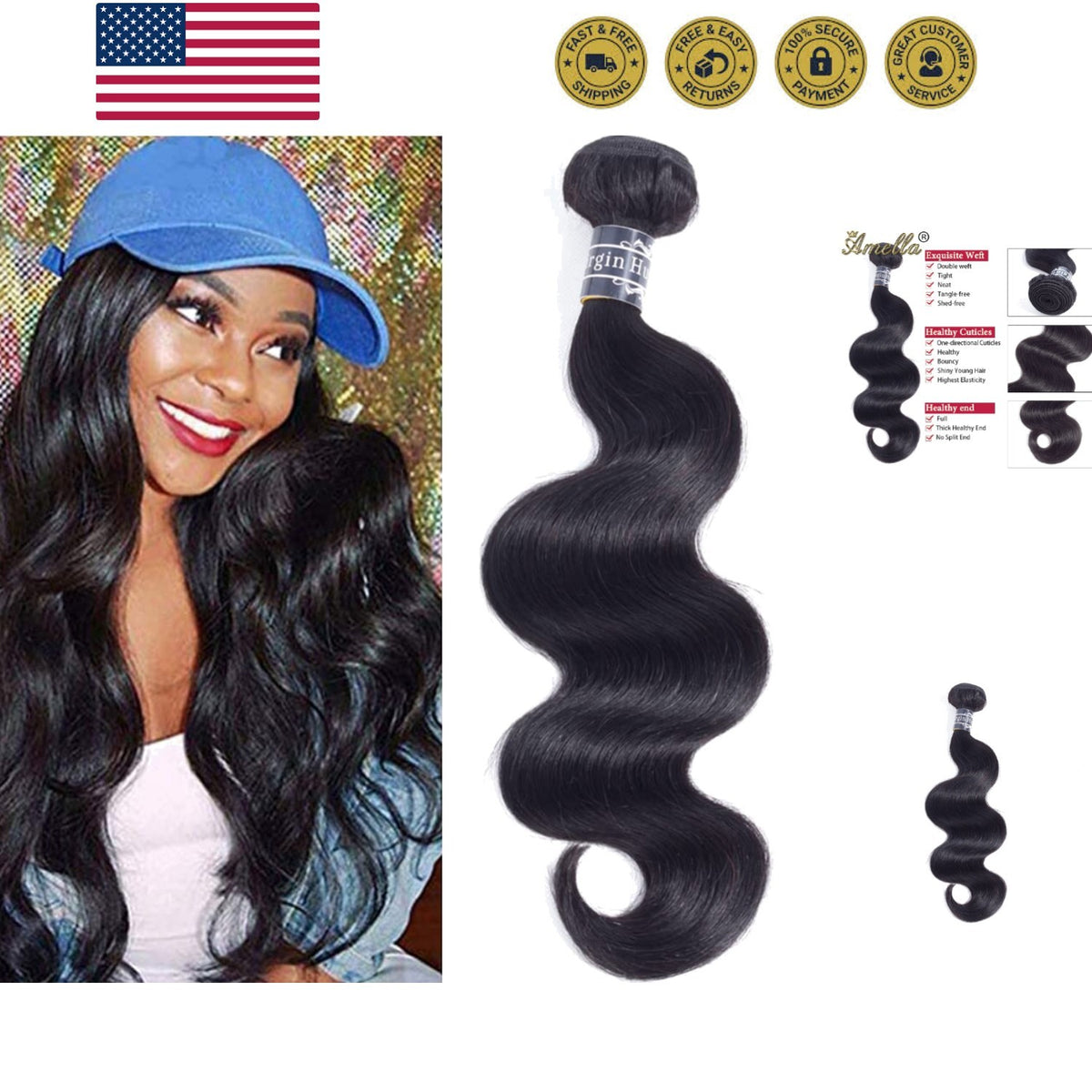 Brazilian Body Wave Human Hair Bundle 20 Inch Virgin Hair Extensions