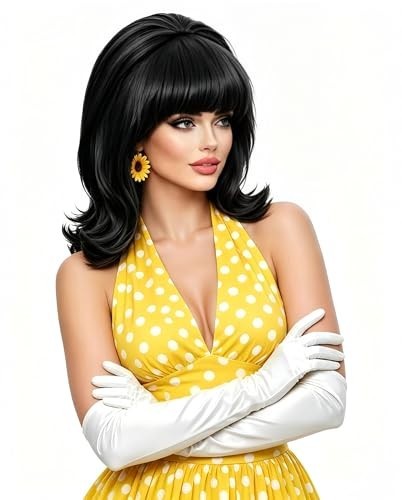 Short Black Wig with Bangs - Retro 80s Bouffant Beehive for Costumes & Halloween