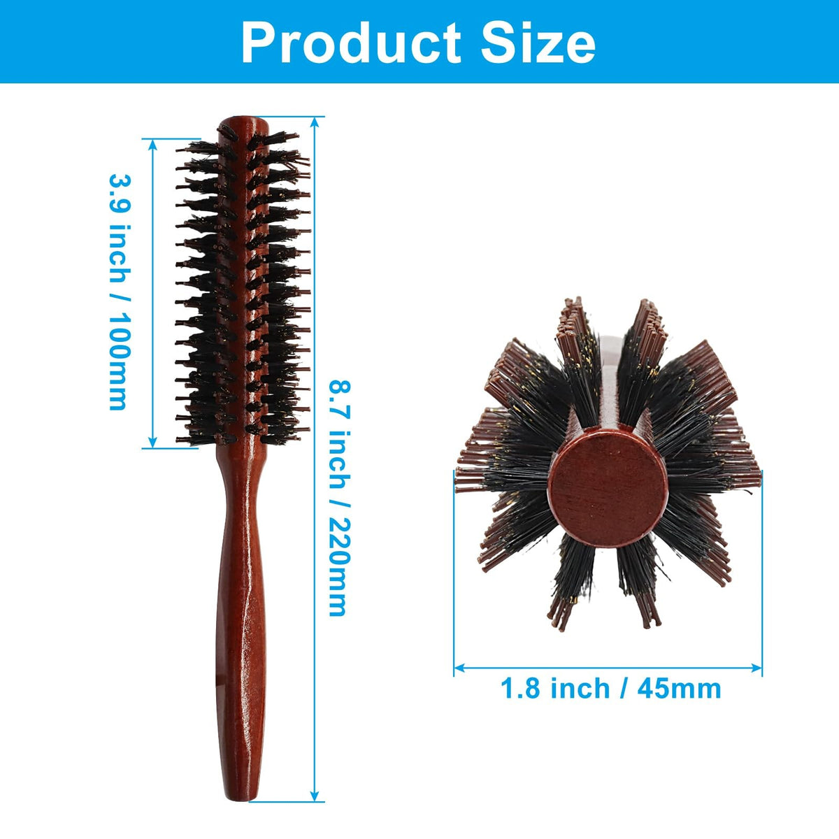 10 Row Wooden Round Hair Brush - Detangling, Styling & Volume