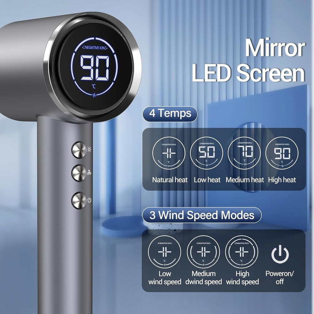 High-Speed Hair Dryer with Diffuser Negative Ions LED Display - Powerful Styling Tool