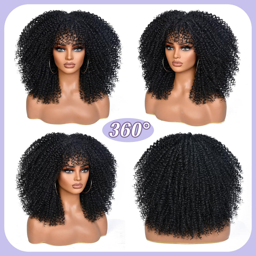 Curly Afro Wigs for Black Women 16 Inch Synthetic Wig with Bangs - Natural Look & Low Maintenance
