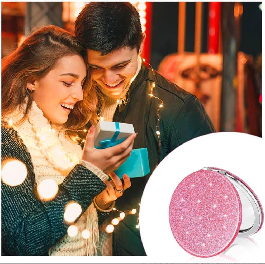 Pink Compact Travel Mirror with 1X & 2X Magnification - Folding Pocket Makeup Mirror