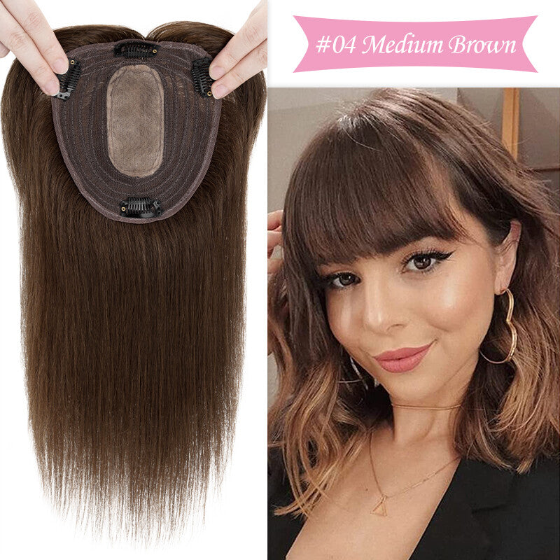 Remy Human Hair Topper Clip-In Hairpiece with Silk Base and Bangs - Multiple Sizes & Colors