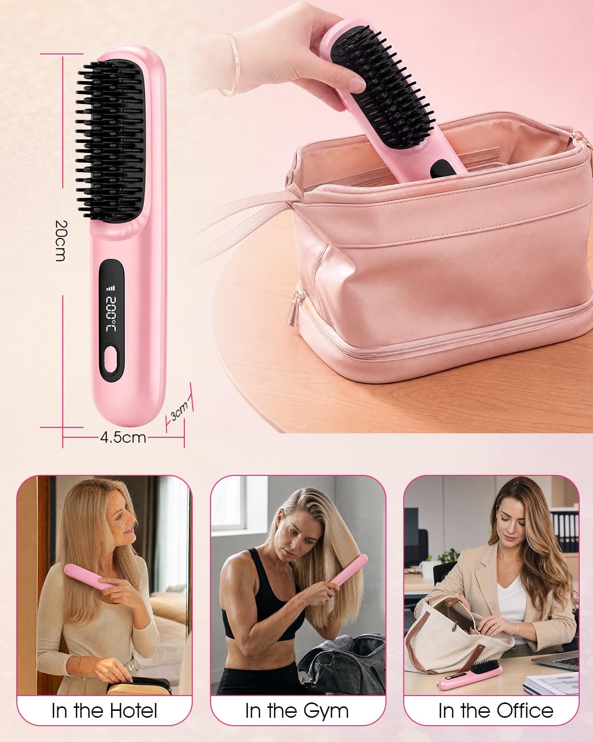 Cordless Ionic Hair Straightener Brush with 3D High-Density Teeth & Digital Temp Control