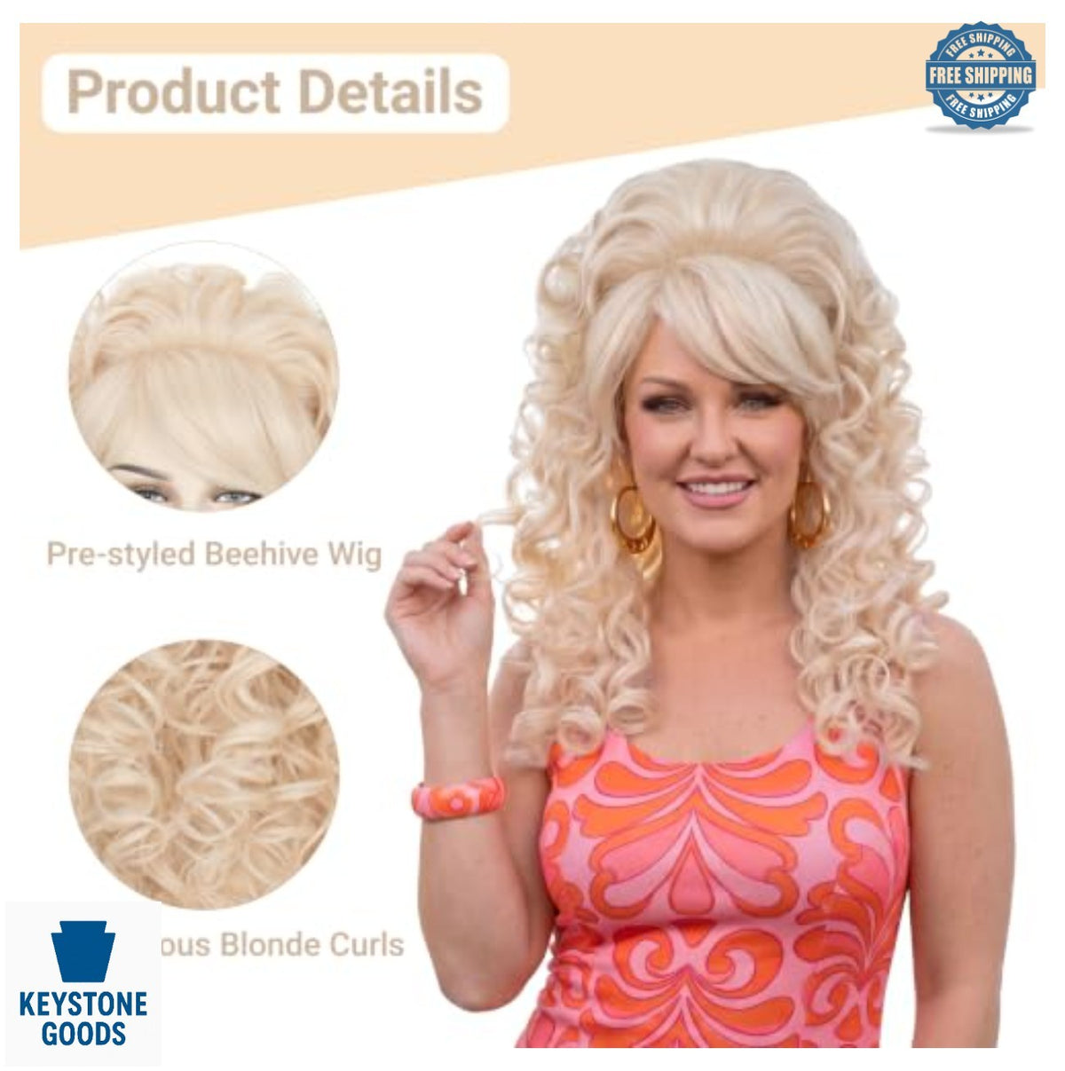 Long Curly Blonde Beehive Wig with Bangs for 60s 80s Costumes Halloween
