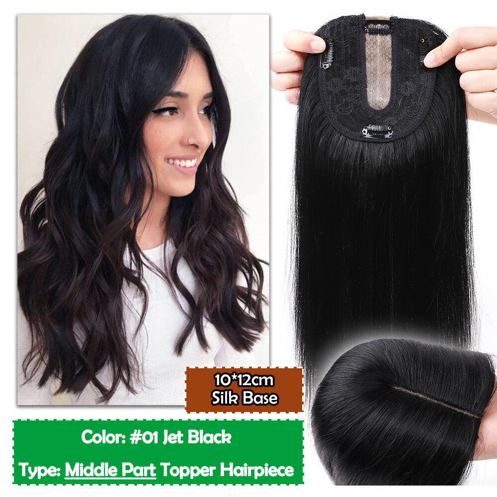 Human Hair Topper Hairpiece with Clip-In Mono Silk Base for Thinning Hair