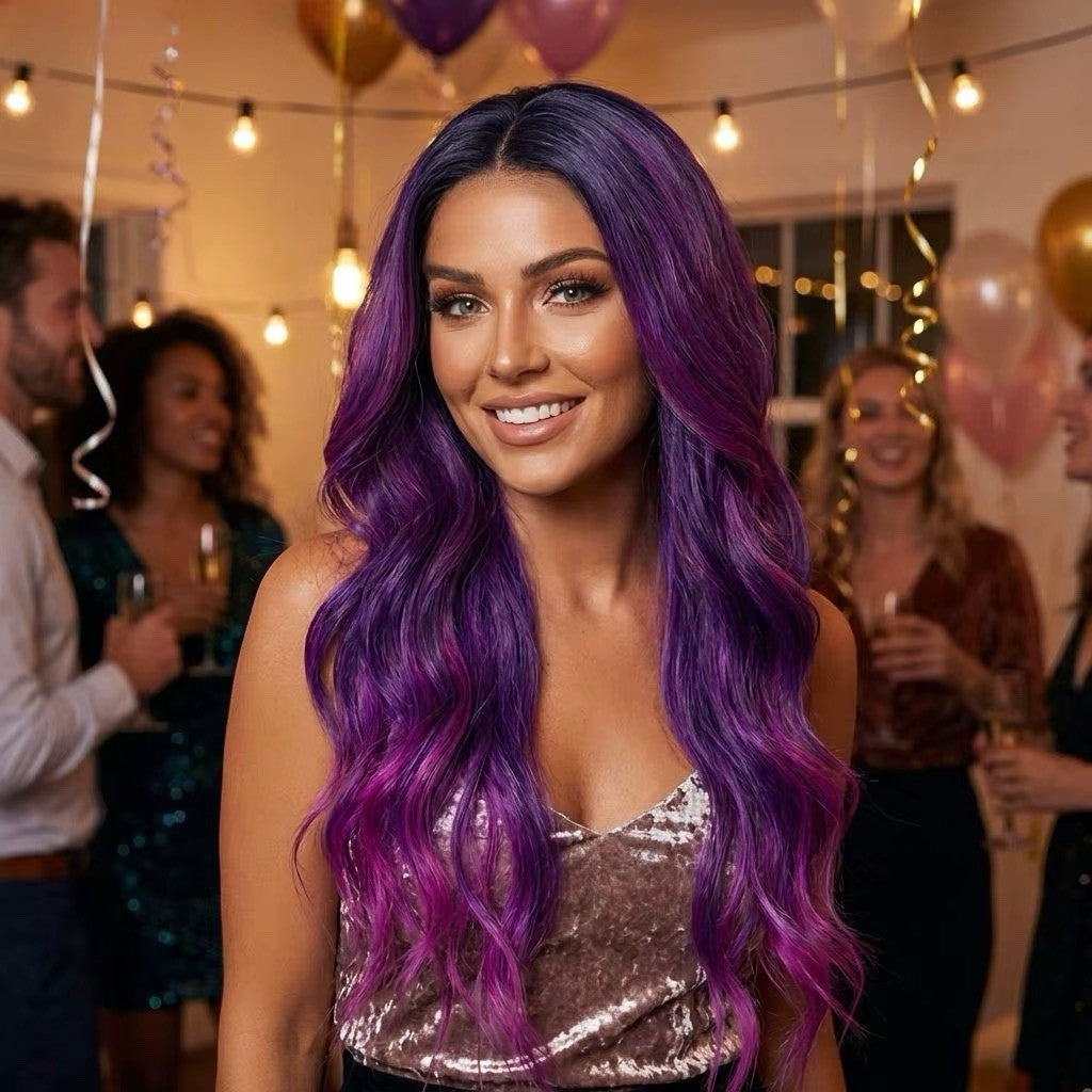 Purple Grape Ombre Wig 28 Inch Dark Roots Halloween Cosplay Costume